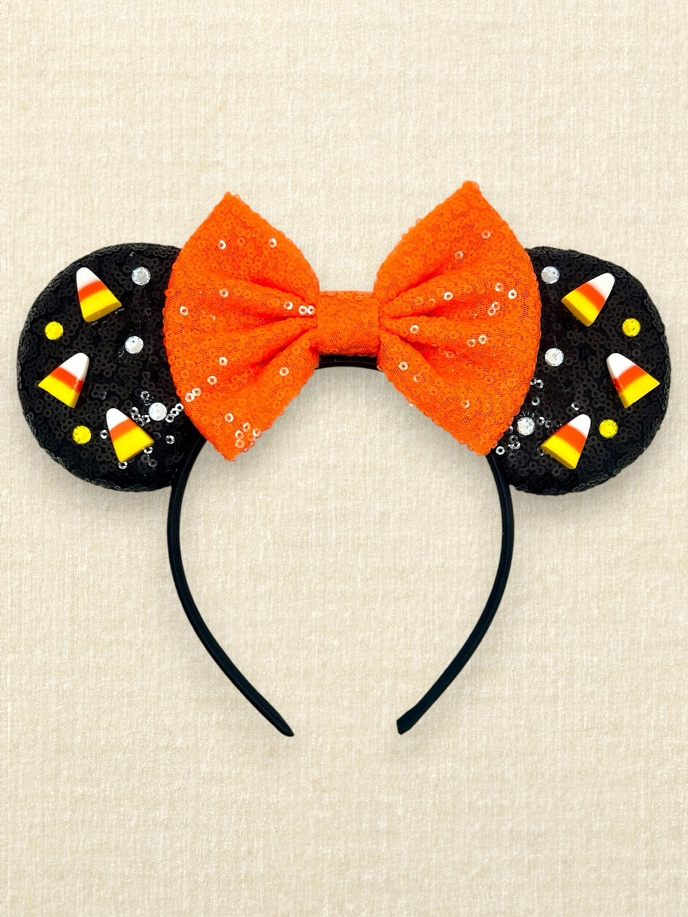 Black Sequin Candy Corn Minnie Ears | Disney-Inspired Halloween Mouse Ears